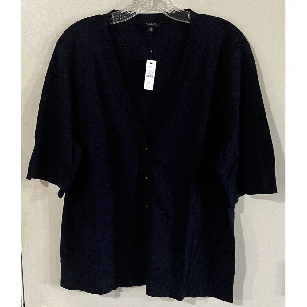 Talbots Women Cotton Blend Navy Short Sleeve Button Up Top XL NWT
